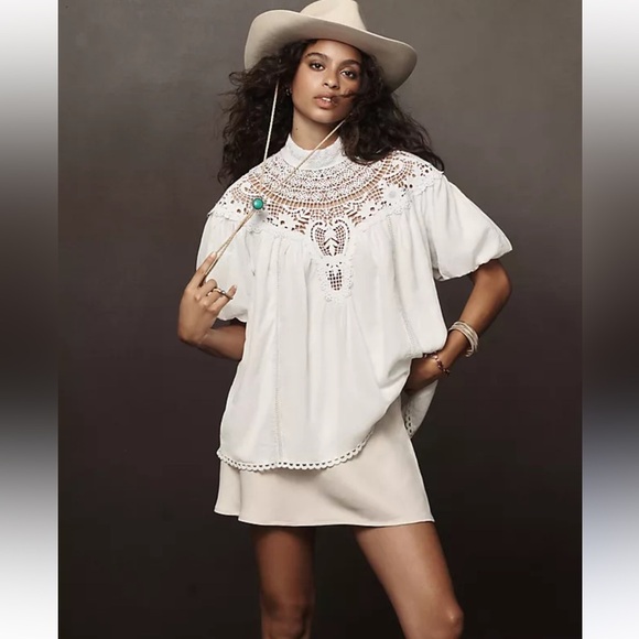 Anthropologie Mock-Neck Puff-Sleeve Lace Blouse Size XLP - Picture 1 of 13